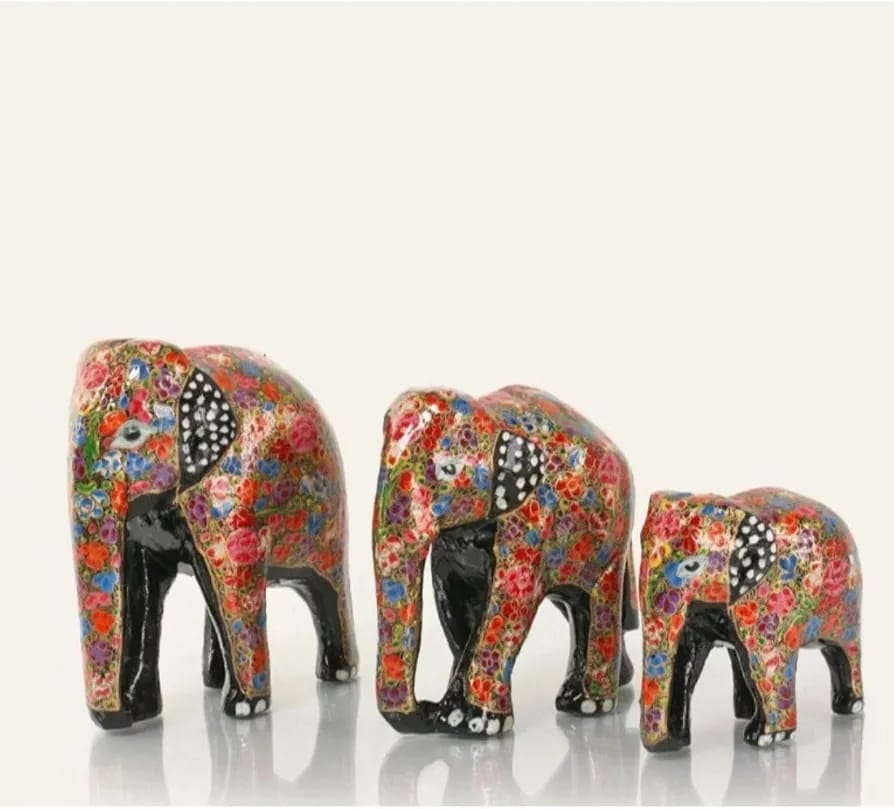 Handmade Elephant Family Set , Wooden Elephant set , hand painted paper mache sculpture from Kashmir